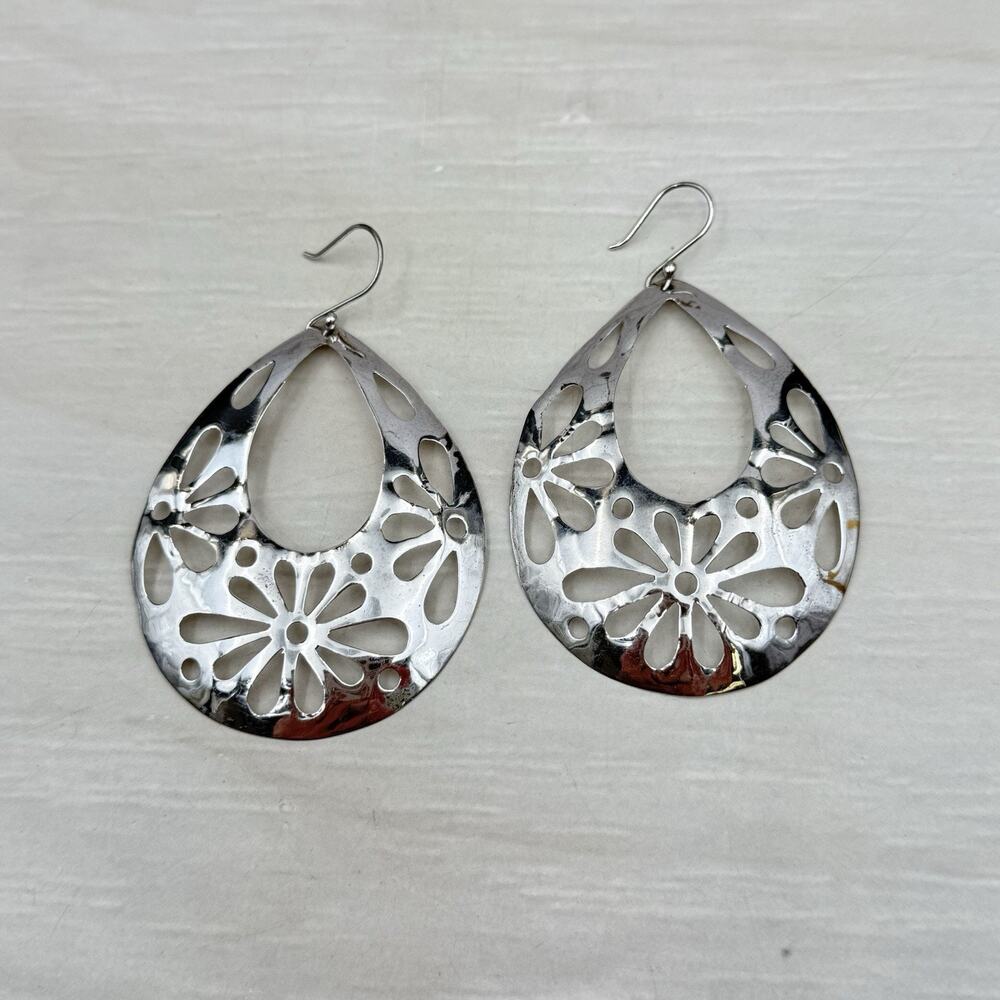 ATI Mexico Sterling Silver 925 Open Scroll Cut Out Teardrop Signed Earrings 6.8g